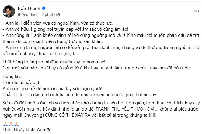 Trấn Thành ti.ết l.ộ sự thật về con người của Quý Bình, chỉ 1 câu mà ai cũng đọc cũng ch.ế.t lặng, nhất là dòng cuối còn nhắc nhở cả xã hội 1 điều: Thế mới thấy cố diễn viên đã nhẫn nhịn chịu bao nhiều kh.ổ cực